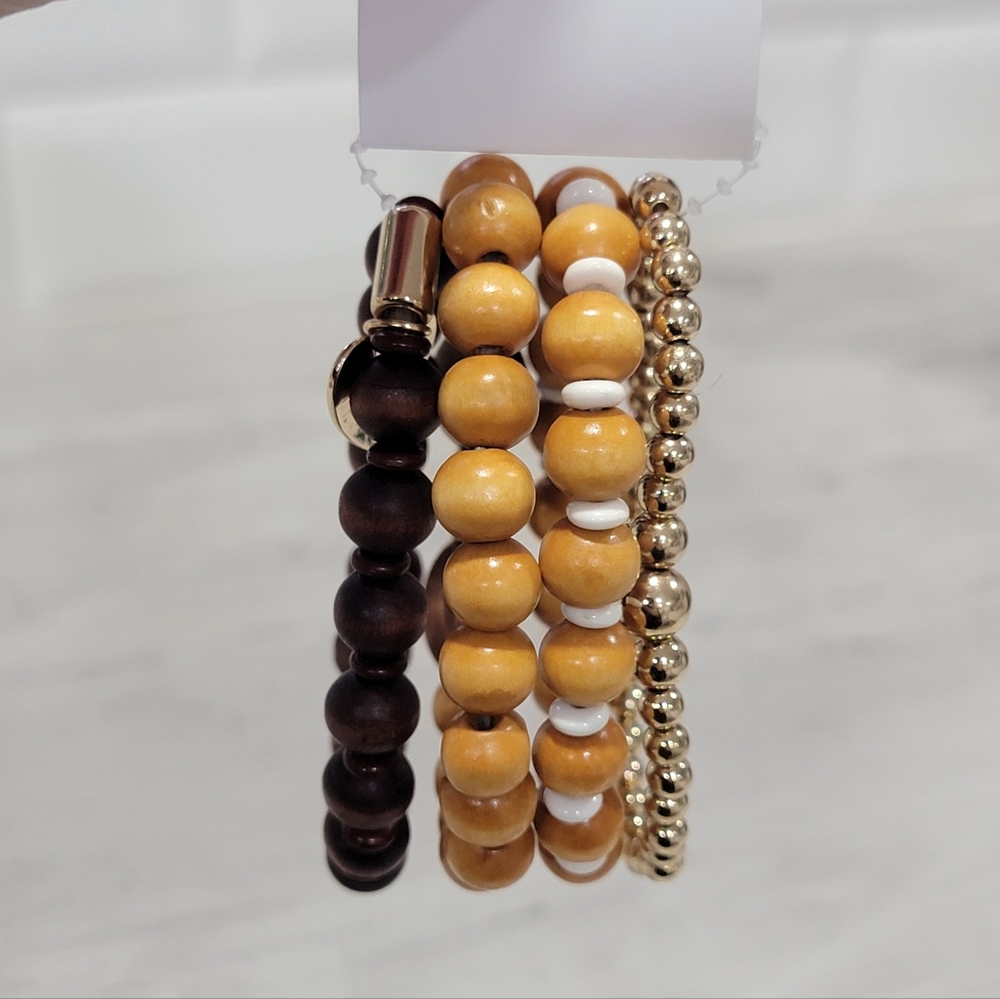 NWT Joe Fresh Beaded Bracelet Set Wooden Stackable Heart Charm Stretchy Boho - Picture 4 of 14